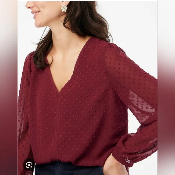 J. Crew Women's V-neck Clip-Dot Burgundy Blouse Size S - Picture 1 of 6